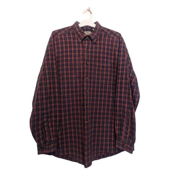 L.L.Bean Men's Mid Weight Plaid Buttondown Long Sleeve Red Blue Shirt Large - Picture 1 of 6